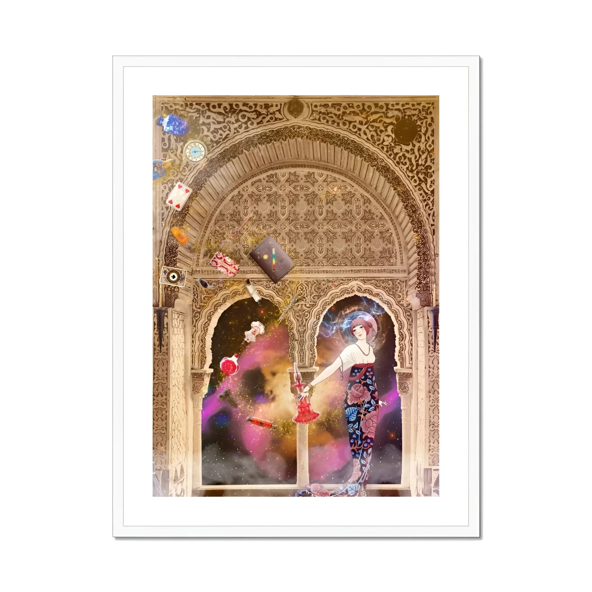 Thea the Space Nymph - Surreal Cosmic Myth Art Print, Ornate Moorish Archway Intricate Carved Patterns Colorful Abstract