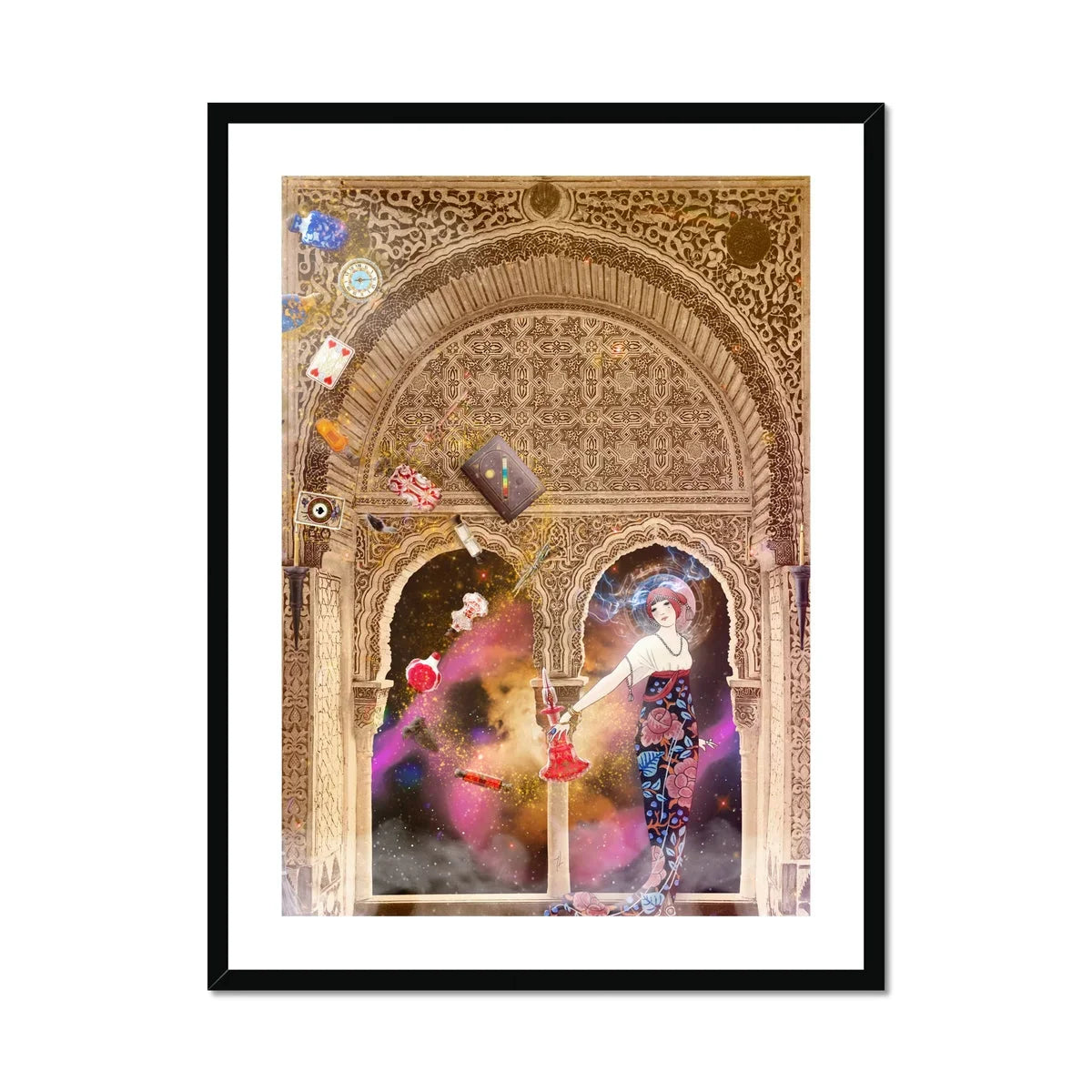 Thea the Space Nymph Surreal Cosmic Myth Art Print, Ornate Moorish Archway Intricate Geometric Patterns Arabesque Designs