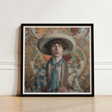 Framed Portrait Young Man Curly Hair Wide-brimmed Hat Dandy Gay Cowboy, Handsome Homosexual Outlaw’s, Aesthetic