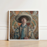 Framed Portrait Young Man Curly Hair Wide-brimmed Hat Dandy Gay Cowboy, Handsome Homosexual Outlaw’s, Aesthetic
