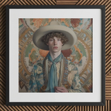 Theodore - Handsome Gay Cowboy Art Print / Canvas Beige Cowboy Hat Blue Scarf Floral Patterned Jacket Dandy Gay Cowboy, Handsome Homosexual