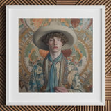 Theodore - Handsome Gay Cowboy Art Print / Canvas Beige Cowboy Hat Intricate Black Embroidery Blue Scarf Dandy Gay Cowboy, Handsome