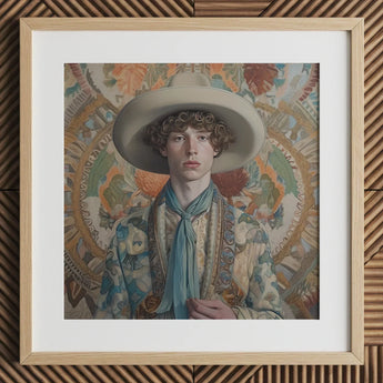 Theodore - Handsome Gay Cowboy Art Print / Canvas Beige Wide-brimmed Hat Blue Scarf Patterned Jacket Dandy Gay Cowboy, Handsome Homosexual