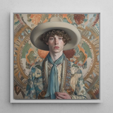 Theodore - Handsome Gay Cowboy Art Print / Canvas Framed Portrait Young Man Curly Hair Wide-brimmed Beige Dandy Gay Cowboy, Handsome