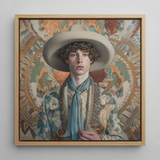 Theodore - Handsome Gay Cowboy Art Print / Canvas Square-framed Portrait Young Man Wide-brimmed Beige Hat Patterned Dandy Gay Cowboy,