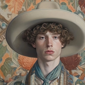 Theodore - Handsome Gay Cowboy Art Print / Canvas Wide-brimmed Beige Hat Teal Scarf Dandy Gay Cowboy, Handsome Homosexual Outlaw’s, Cowboy