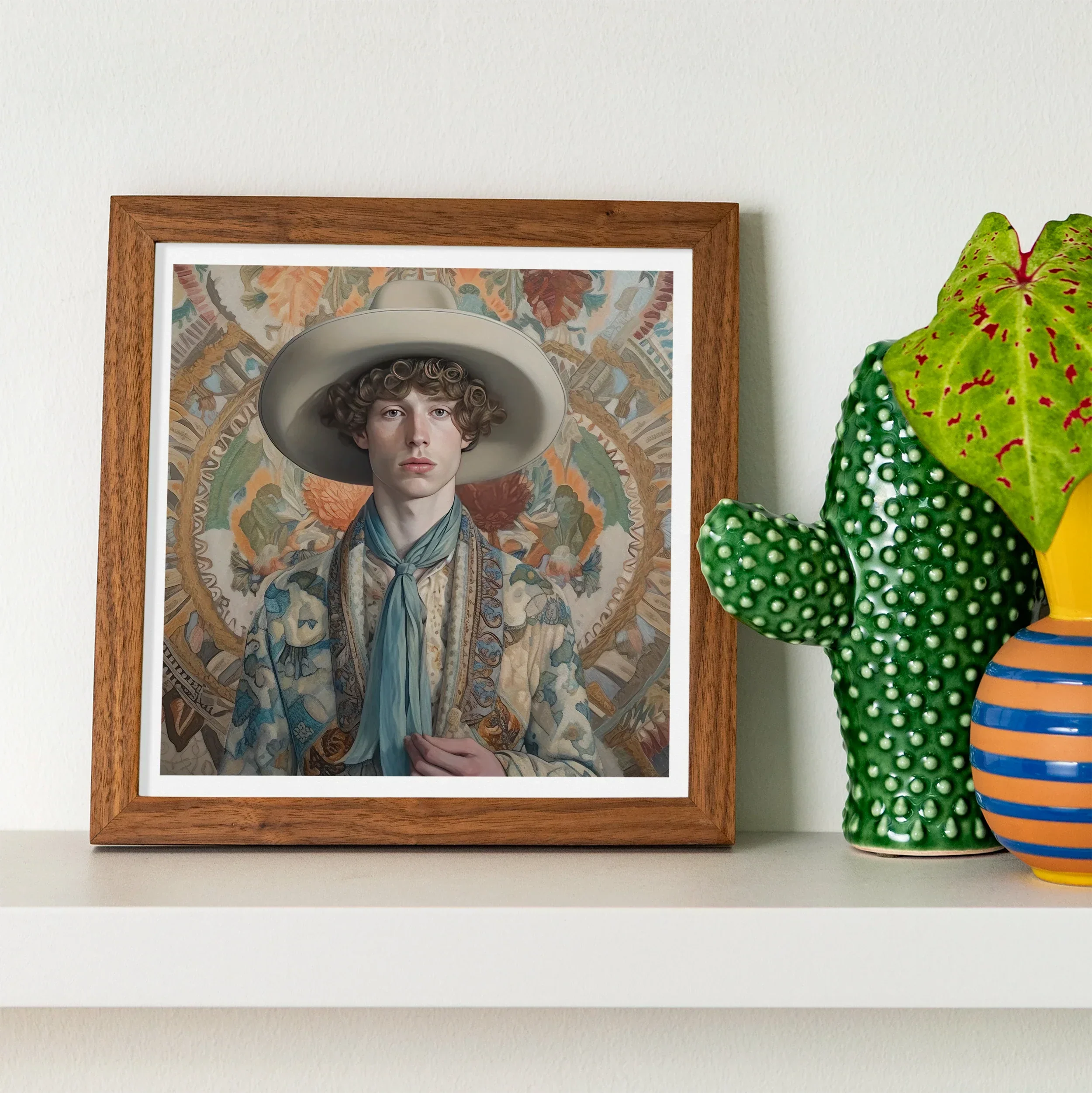 Theodore Handsome Gay Cowboy Art Print, Framed Portrait Painting Figure Wide Brimmed Hat Decorative Floral
