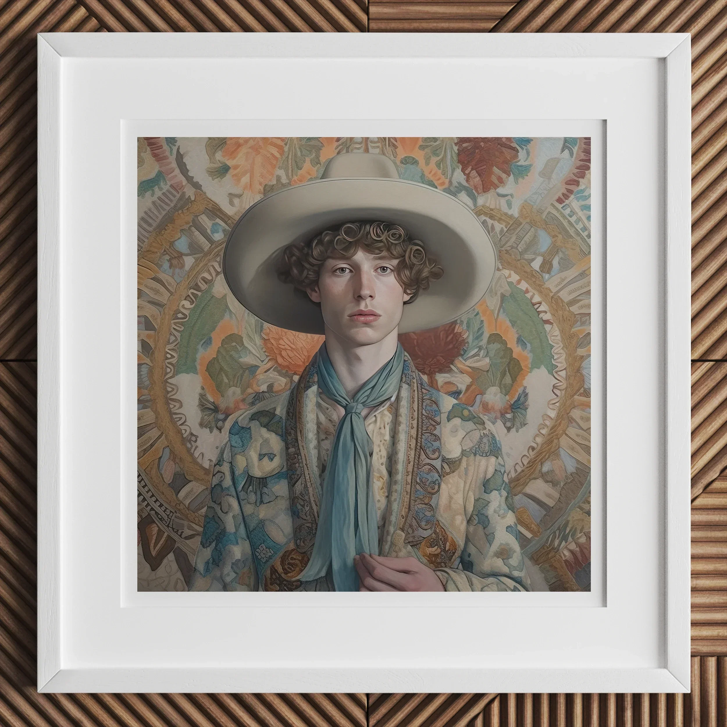 Theodore Handsome Gay Cowboy Art Print, Framed Portrait Photograph Wide Brimmed Hat Blue Scarf Ornate