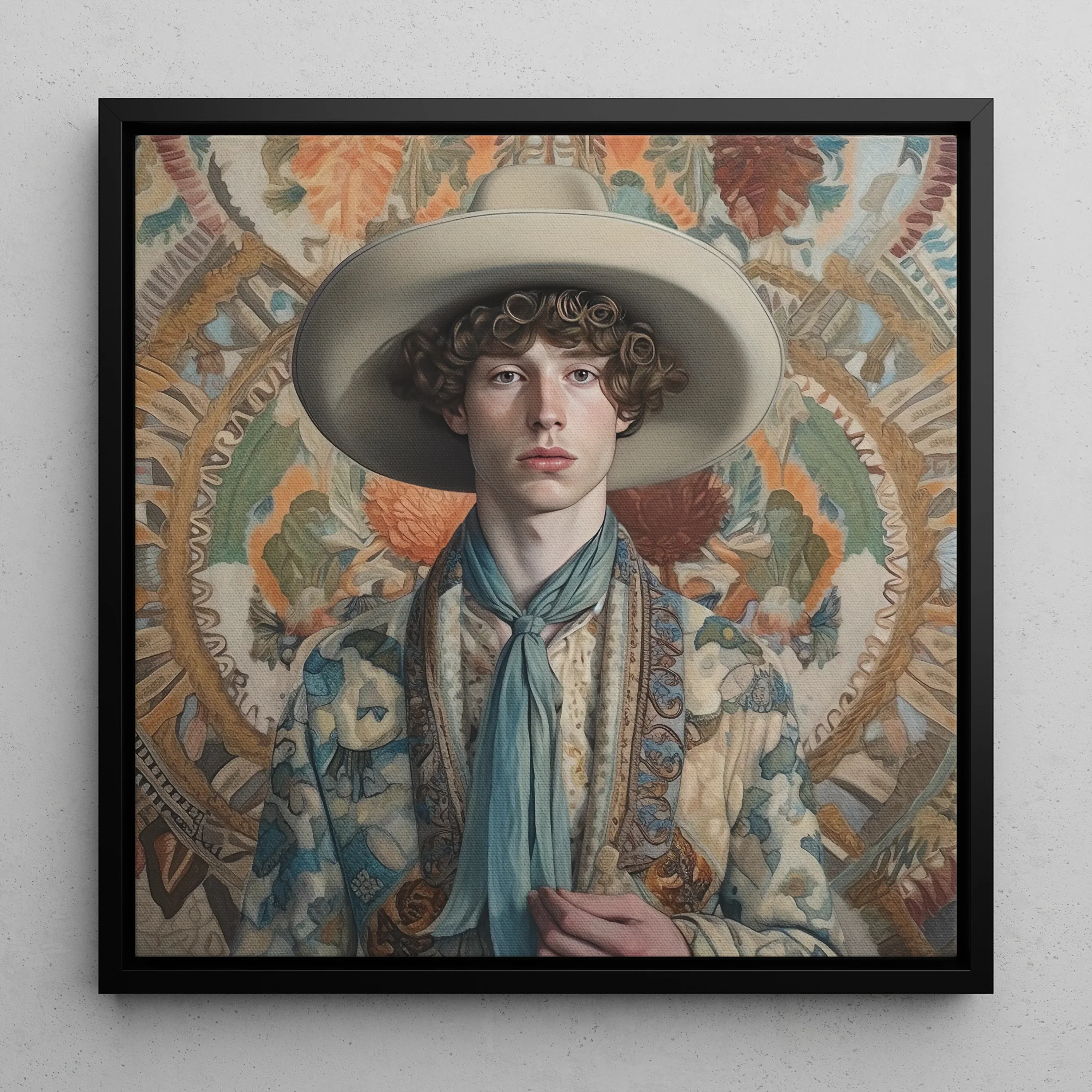 Theodore Handsome Gay Cowboy Framed Canvas, Portrait Young Person Wide Brimmed Hat Floral Patterned Clothing