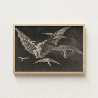 Framed Black-and-white Illustration Winged Figures Flight Enclosed Light Goya Captures, Etched Copper, Madness Sharing