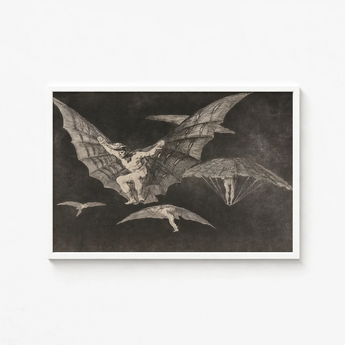 Framed Black-and-white Winged Figures Flight Enclosed Simple White Goya Captures, Etched Copper, Madness Sharing
