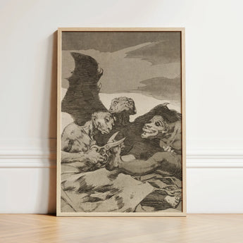 They Spruce Themselves Up - Francisco De Goya Art Print / Canvas Framed Black-and-white Grotesque Figures Wings Horns Set Minimalist Three