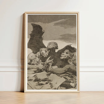They Spruce Themselves Up - Francisco De Goya Art Print / Canvas Framed Black-and-white Grotesque Figures Bat-like Wings Creature Housed