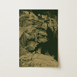 They’d such Very Odd Heads and Tails - Arthur Rackham Art Print / Canvas Dark Green Rectangular Intricate Golden-toned Linework, Tarnished