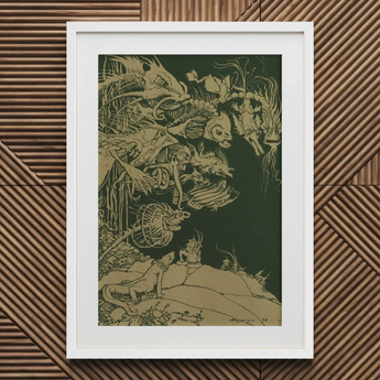 They’d such Very Odd Heads and Tails - Arthur Rackham Art Print / Canvas Framed Artwork Intricate Gold Line Illustrations Dark Green Arthur