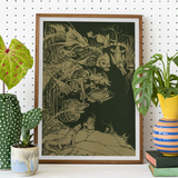 They’d such Very Odd Heads and Tails - Arthur Rackham Art Print, Framed Poster Intricate Fantastical Creatures Gold Dark Green