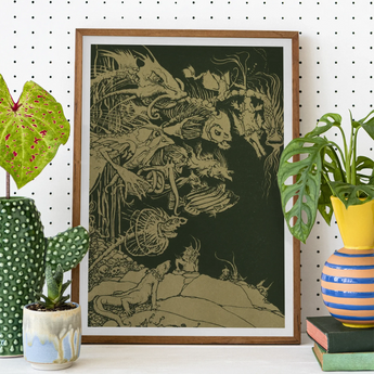 They’d such Very Odd Heads and Tails - Arthur Rackham Art Print, Framed Poster Intricate Fantastical Creatures Gold Dark Green