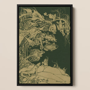They’d such Very Odd Heads and Tails - Arthur Rackham Framed Canvas, 12x18’’ / 31x46cm / Black Floating Frame, Framed Dark Green Art Print