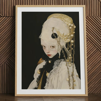 Thomasin - Queer White Witch Art Print / Canvas Framed Portrait Pale-skinned Figure Ornate Cream-colored Lace Bead-adorned Queer White