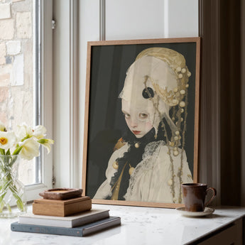 Thomasin - Queer White Witch Art Print / Canvas Framed Portrait Stylized Figure Ornate Cream-colored Headdress Lace-trimmed Queer White