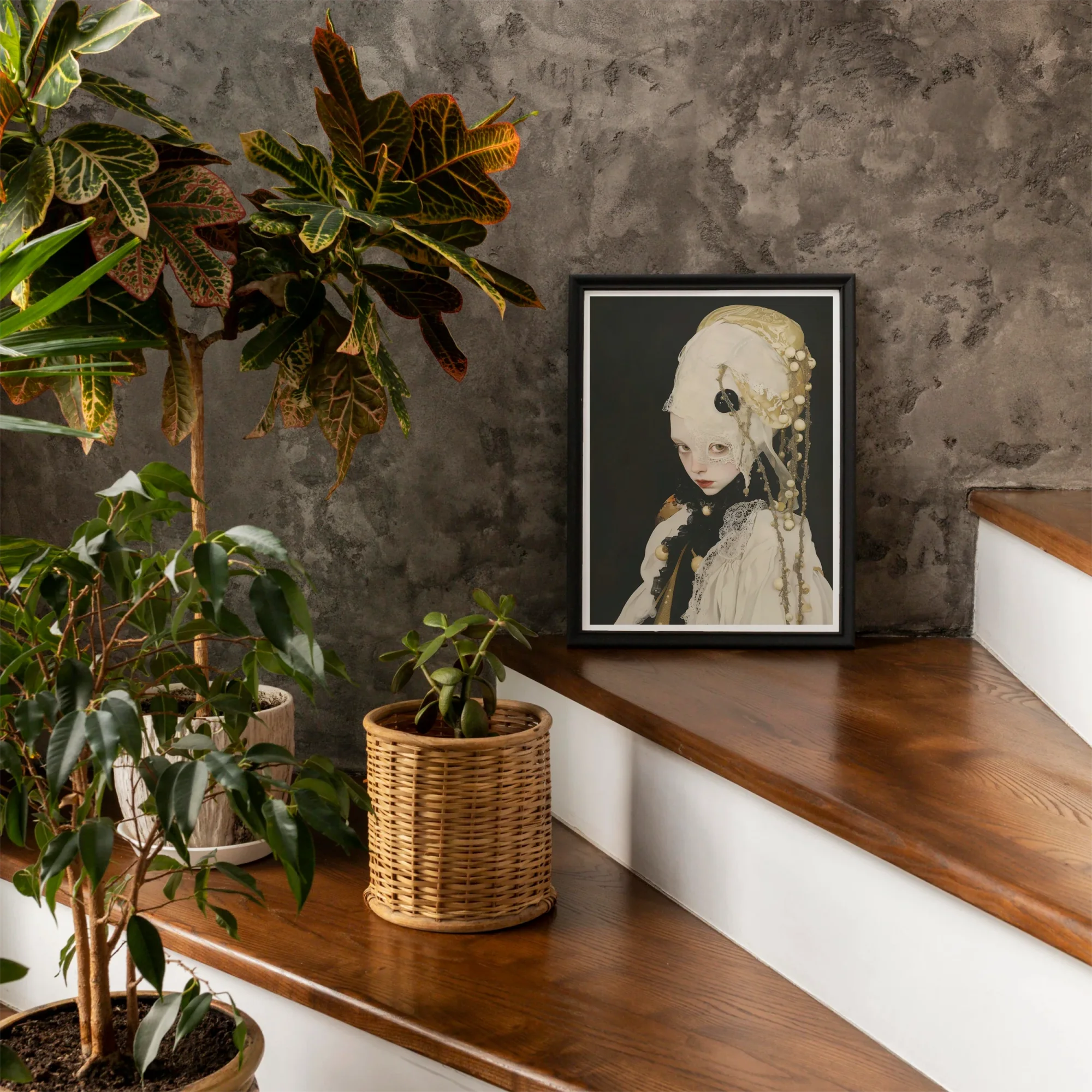 Thomasin - Queer White Witch Art Print, Framed Portrait Pale Figure Dark Eyes Black Background