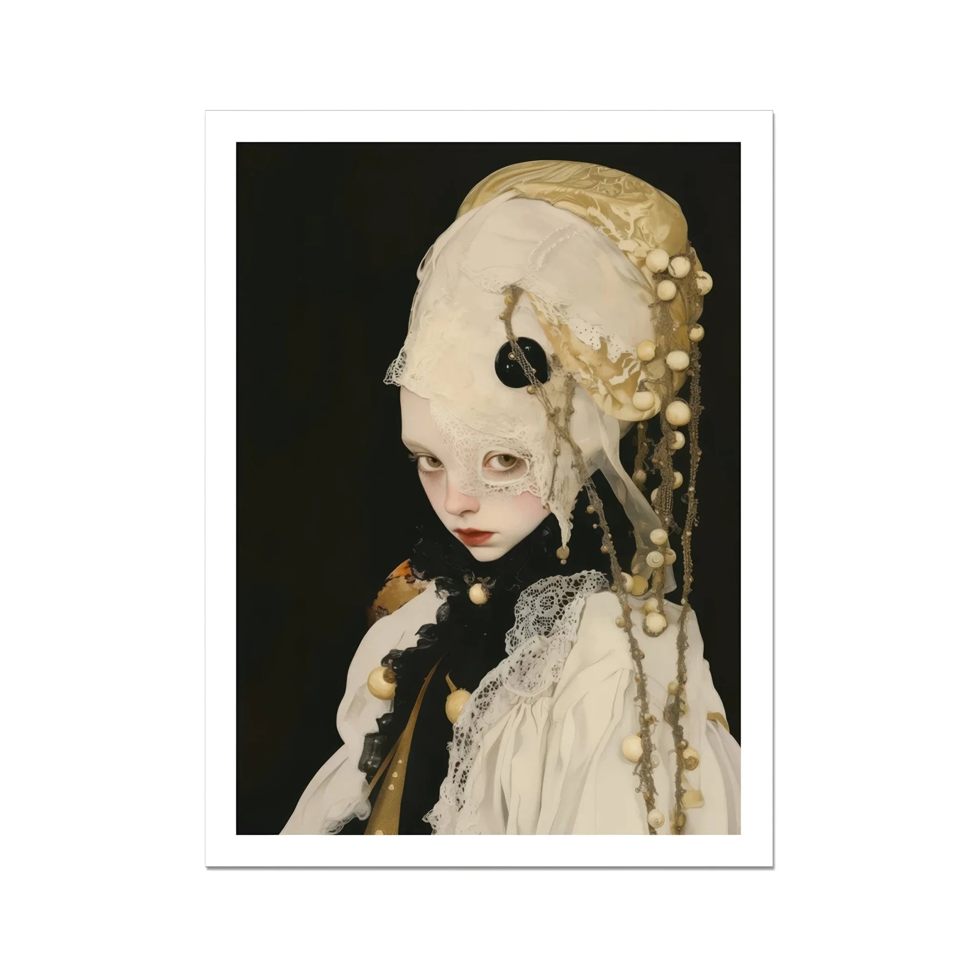 Thomasin - Queer White Witch Art Print, Pale-skinned Doll Figurine Ornate Headdress Dark Eye Makeup