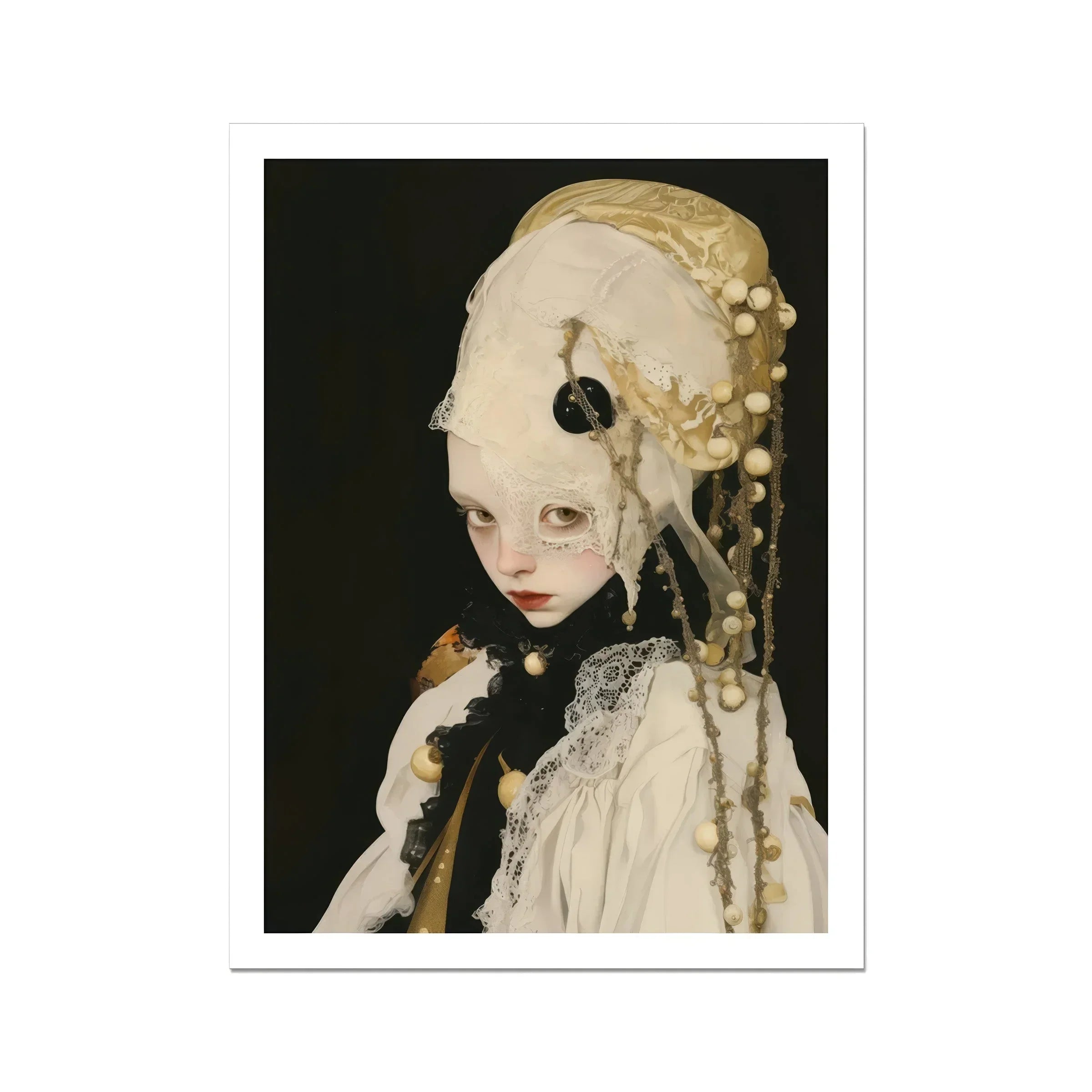 Thomasin - Queer White Witch Art Print, Pale-skinned Doll Figurine Ornate Headdress Dark Eye Makeup