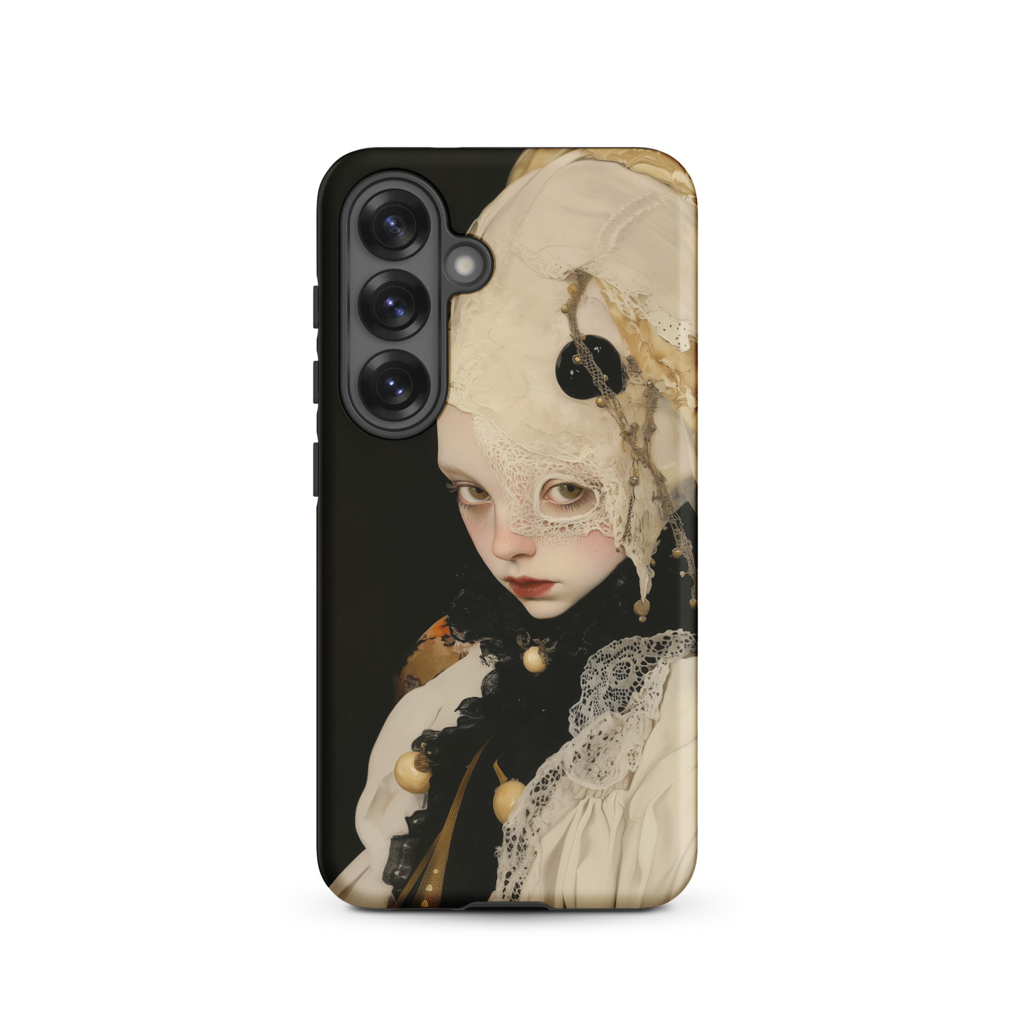 Thomasin Queer White Witch Samsung Case, Galaxy S25 / Matte, Black Smartphone Case Whimsical Doll Like Figure Porcelain Face