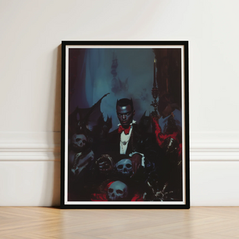 Black-framed Art Print Dark Gothic Portrait Young Man Gay Black Dracula, Commanding Presence