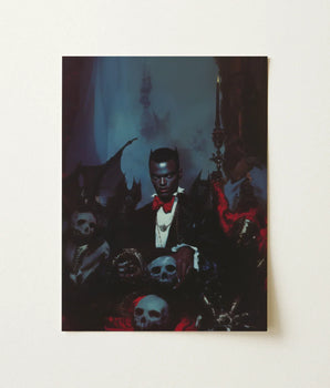 Dark Gothic-themed Poster Man Formal Attire Surrounded Skulls Gay Black Dracula, Art, Commanding Presence
