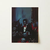 Dark Gothic-themed Poster Man Formal Attire Surrounded Skulls Gay Black Dracula, Art, Commanding Presence