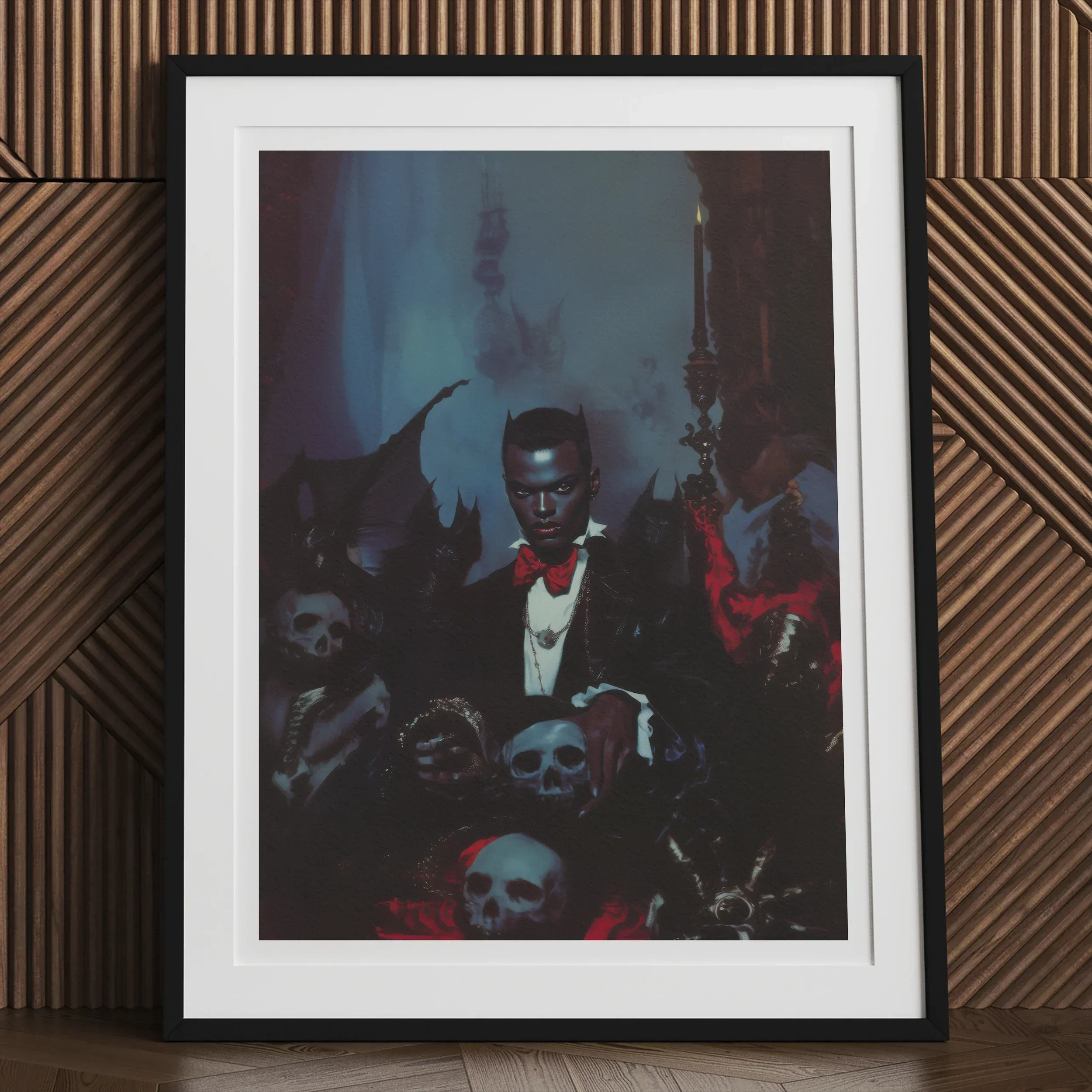 Thorne - Gay Black Dracula Art Print, Framed Portrait Figure Formal Attire Surrounded Skulls Dark