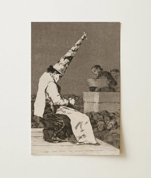 Sepia-toned Print Figure Ornate Tall Pointed Hat Seated Goya Dissects, Decayed Theater, Superstition Replacing Compassion