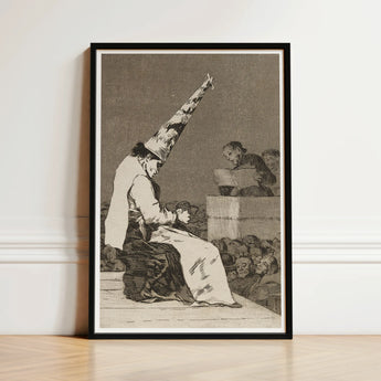 Those Specks of Dust - Francisco De Goya Art Print / Canvas Black-framed Monochromatic Figure Exaggerated Pointed Hat Dissects, Decayed