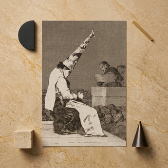 Those Specks of Dust - Francisco De Goya Art Print / Canvas Monochrome Satirical Figure Exaggerated Pointed Hat Seated Dissects, Decayed