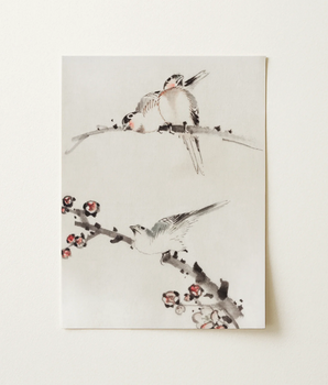 Minimalist Ink-wash Painting Paper Two Birds Perched Branch Katsushika Hokusai, Paints, Stillness, Songbirds Crowd, Single Sweeping,