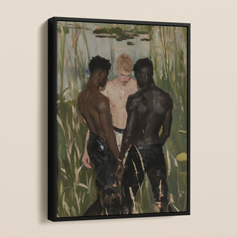 Three d - Gay Interracial Love Triangle Framed Canvas, Framed Painting Three Men Marsh