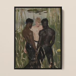 Three d - Gay Interracial Love Triangle Framed Canvas, 12x16’’ / 31x41cm / Black Floating Frame, Framed Painting Three Men Marsh