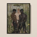 Three d - Gay Interracial Love Triangle Framed Canvas, 12x16’’ / 31x41cm / Black Floating Frame, Framed Painting Three Men Marsh