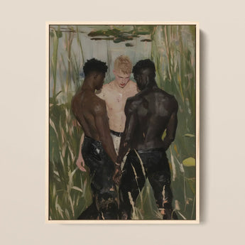 Three d - Gay Interracial Love Triangle Framed Canvas, 12x16’’ / 31x41cm / Natural Floating Frame, Framed Oil Painting Three Partially
