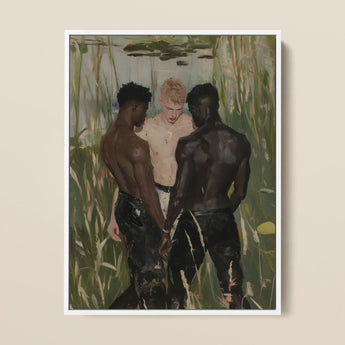 Three d - Gay Interracial Love Triangle Framed Canvas, 12x16’’ / 31x41cm / White Floating Frame, Painting Three Men Watery Reedy Landscape