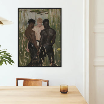 Three d - Gay Interracial Love Triangle Framed Canvas, Framed Painting Three Men Swamp