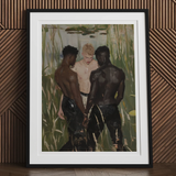 Three d - Gay Interracial Threesome Art Print, 12x16’’ / 31x41cm / Black Frame / 2’’ Matboard, Framed Painting Three Men Pond