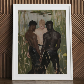 Gay interracial threesome art print in white frame.