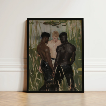 Black-framed Painting Three Men Lush Green Reed-filled Environment Gay Interracial Threesome, Art, Print