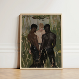 Framed Painting Three Men Natural Rendered Soft Brushstrokes Gay Interracial Threesome, Art, Print