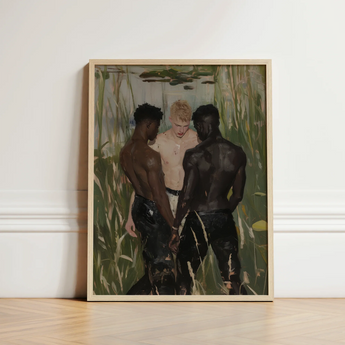 Framed Painting Three Men Natural Rendered Soft Brushstrokes Gay Interracial Threesome, Art, Print