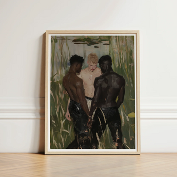 Framed Painting Three Shirtless Men Lush Green Environment Gay Interracial Threesome, Art, Print