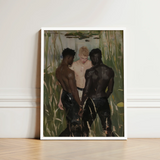 White-framed Painting Three Men Lush Green Outdoor Gay Interracial Threesome, Art, Print