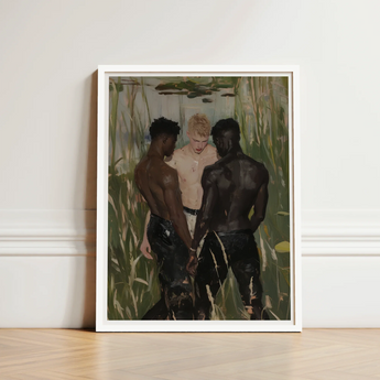 White-framed Art Print Three Men Lush Green Gay Interracial Threesome